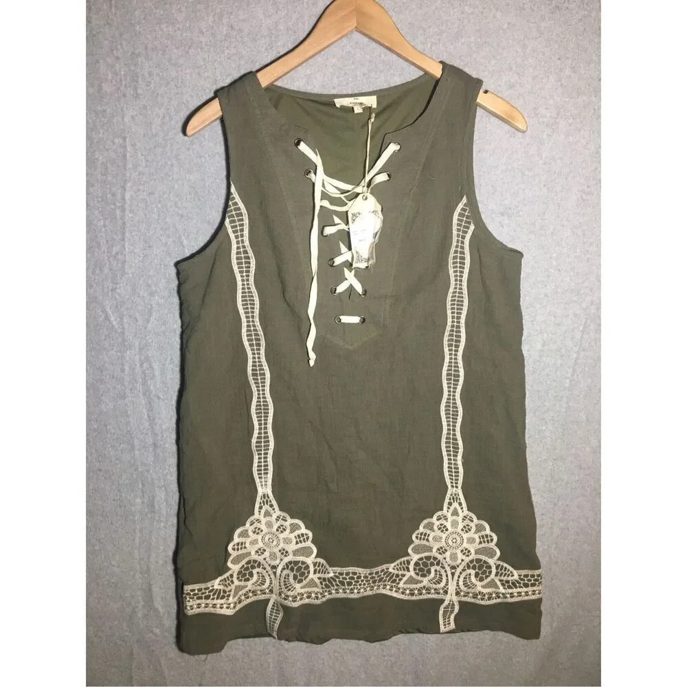 Womens NWT Entro Dress Olive Green White Lace Detailing Boho Spring Beachy
